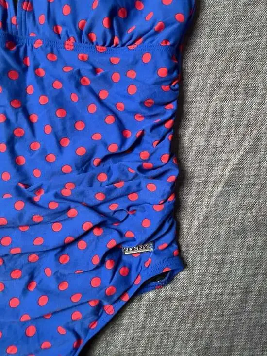 DKNY Swim Women's Ruched Polka Dot One-Piece Swimsuit Blue and Red Size 10 - Picture 3 of 8